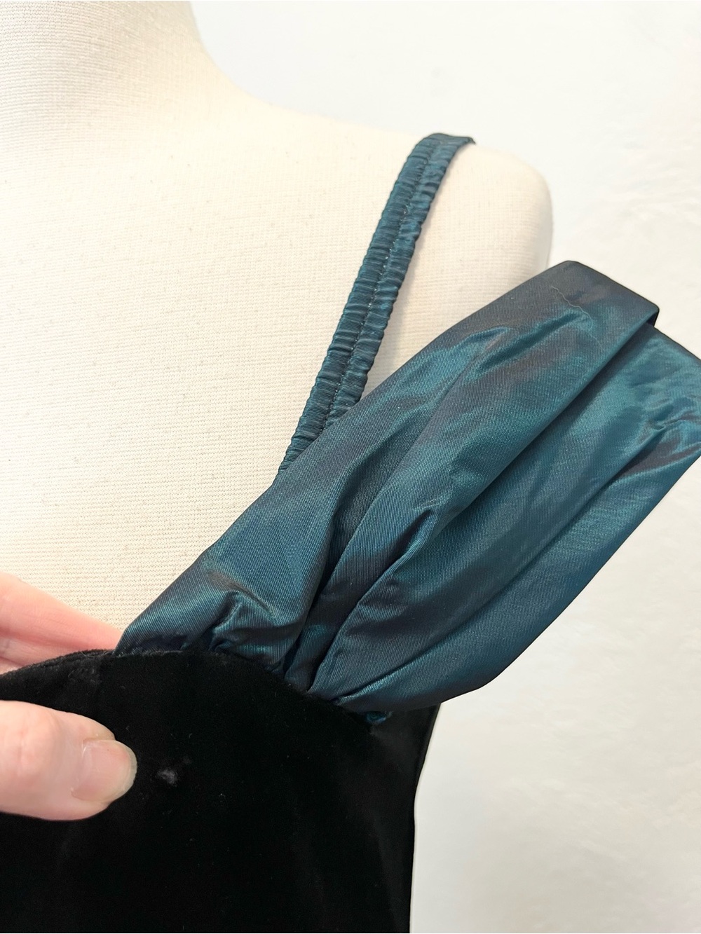 Vintage Mini Dress Black Velvet Teal Blue Taffeta Ruffle HOCO 9 Medium - Picture 8 of 14